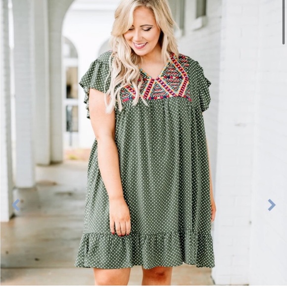 Chic Soul Dresses & Skirts - Chic Soul Olive Polka Dot Embroidered Swing Dress 3x EUC